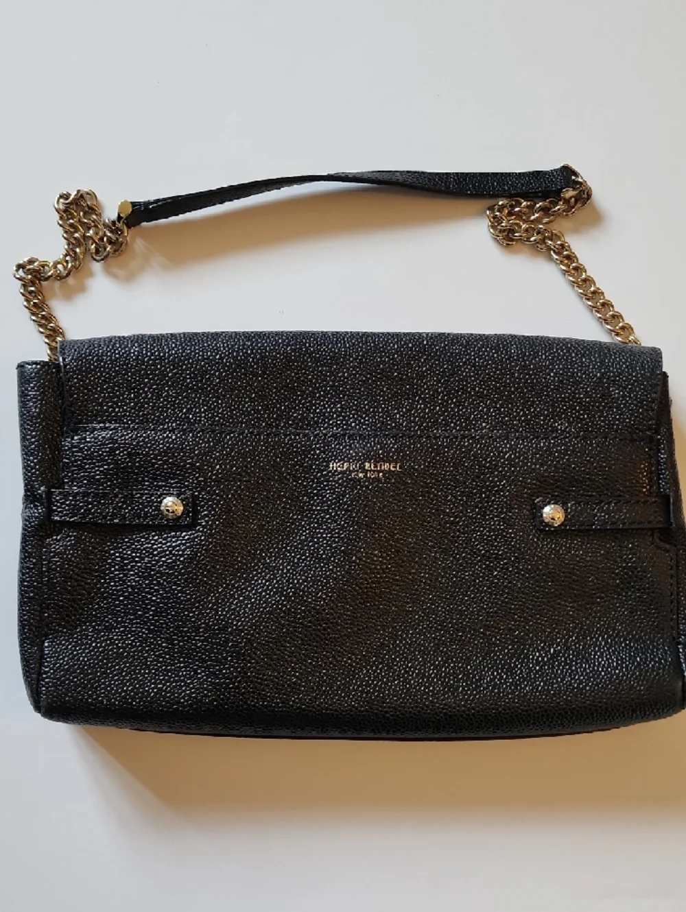 henri bendel Black Pebbled Leather Shoulder Bag with Gold Chain Strap. - Picture 3 of 13